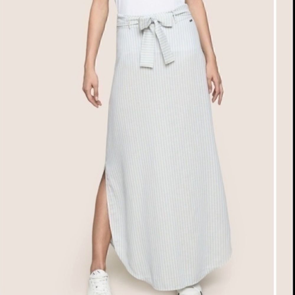 NWT- Armani Exchange- Striped Unlined Linen Midi Length Skirt with Belt, Size 10